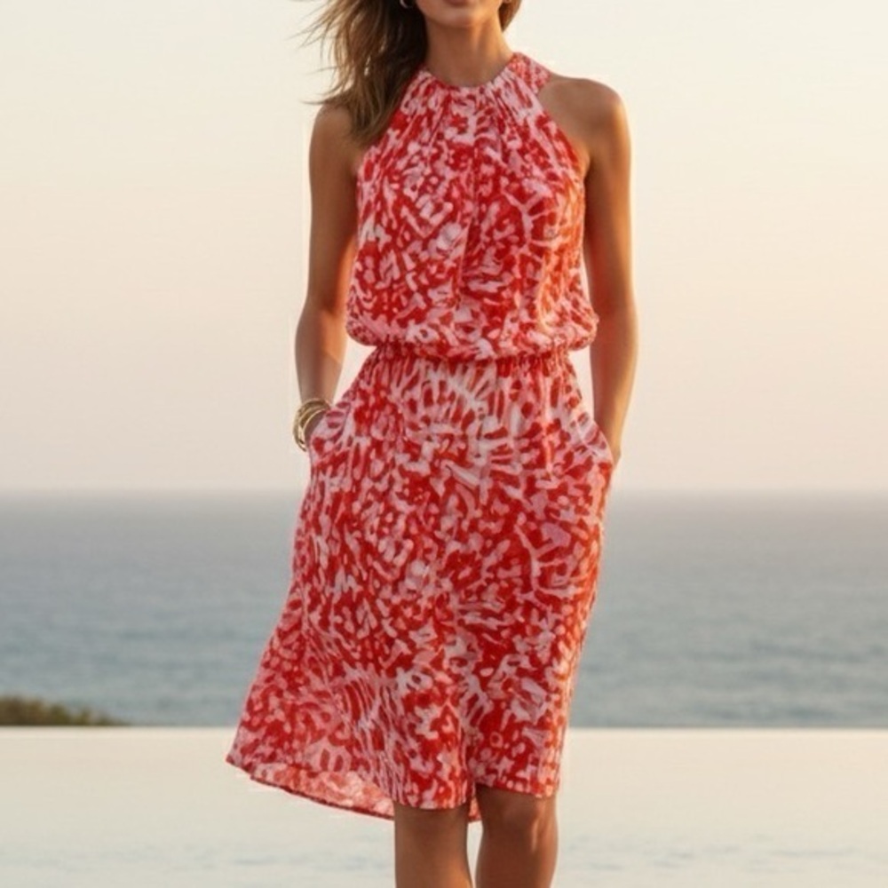 ST. JOHN Abstract‎ Print Silk Stretch Halter Blouson Dress Size 4